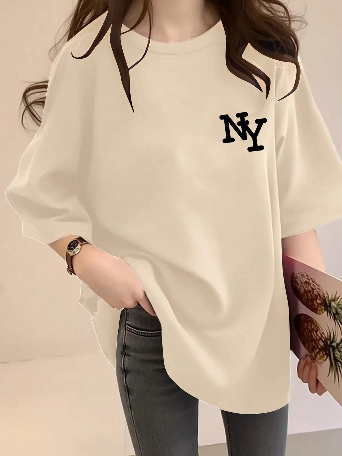 INAWLY Women's Rust Brown NY Letter Print Loose Crew Neck Short Sleeve T-Shirt, Casual Summer Top, Elegant & Comfortable Design, Suitable For Casual Outings