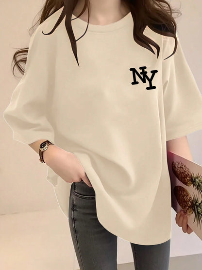INAWLY Women's Rust Brown NY Letter Print Loose Crew Neck Short Sleeve T-Shirt, Casual Summer Top, Elegant & Comfortable Design, Suitable For Casual Outings