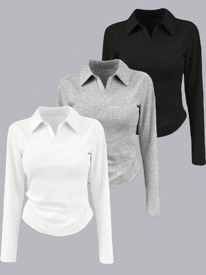 INAWLY Women's Solid Color Collared Long Sleeve Pleated Casual T-Shirt