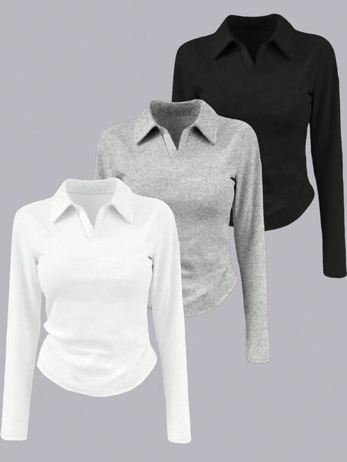 INAWLY Women's Solid Color Collared Long Sleeve Pleated Casual T-Shirt
