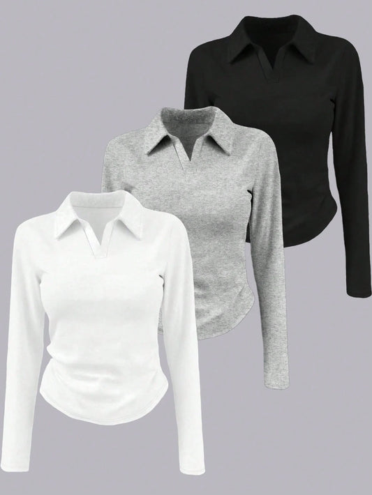 INAWLY Women's Solid Color Collared Long Sleeve Pleated Casual T-Shirt