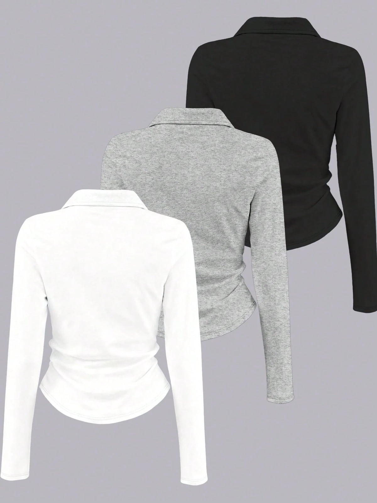 INAWLY Women's Solid Color Collared Long Sleeve Pleated Casual T-Shirt