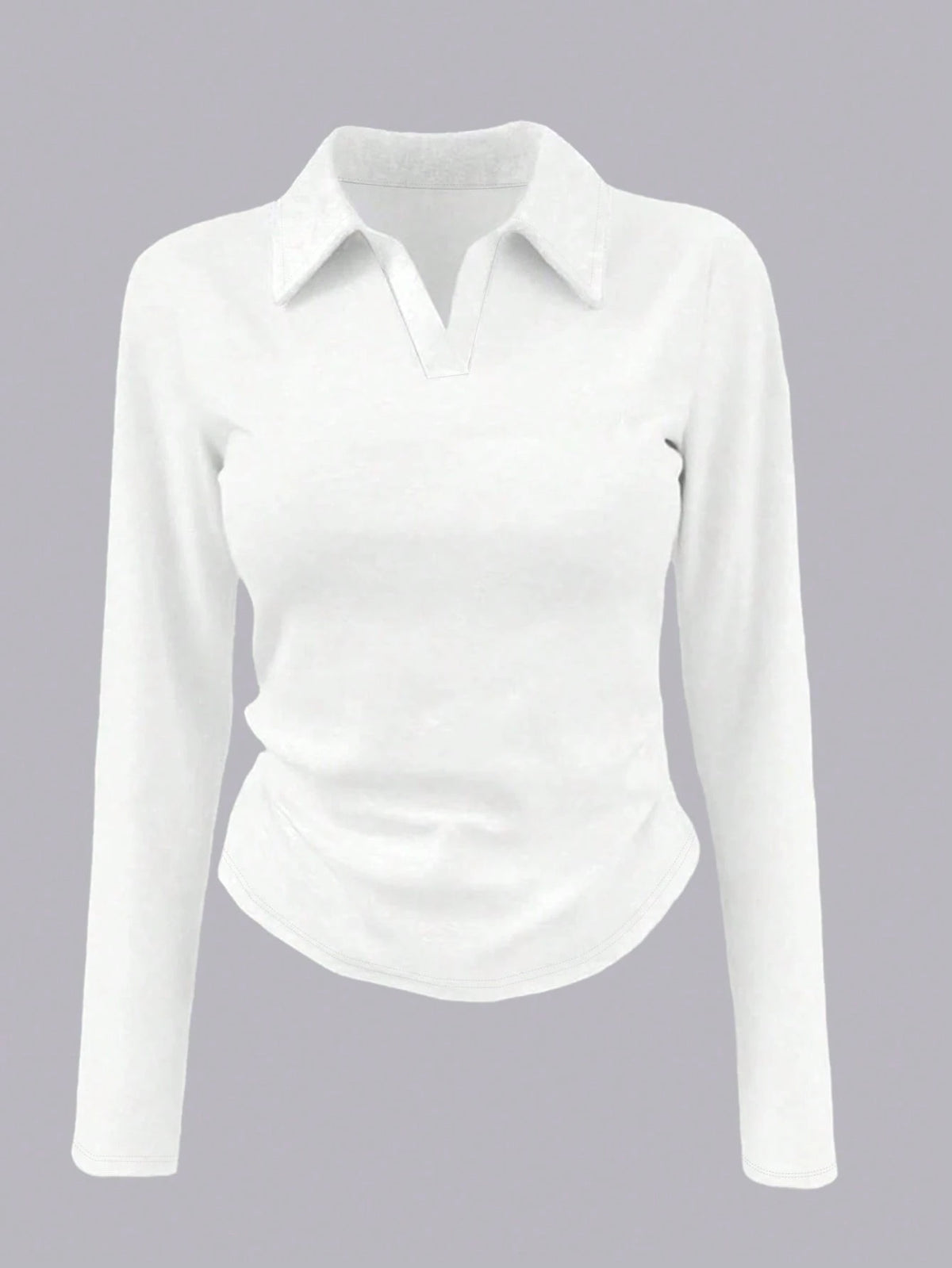 INAWLY Women's Solid Color Collared Long Sleeve Pleated Casual T-Shirt