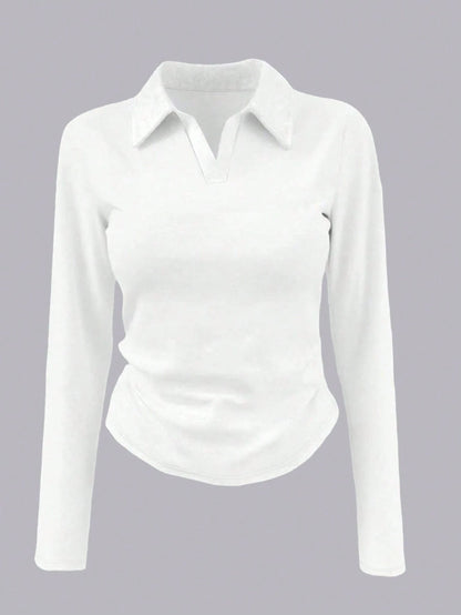 INAWLY Women's Solid Color Collared Long Sleeve Pleated Casual T-Shirt