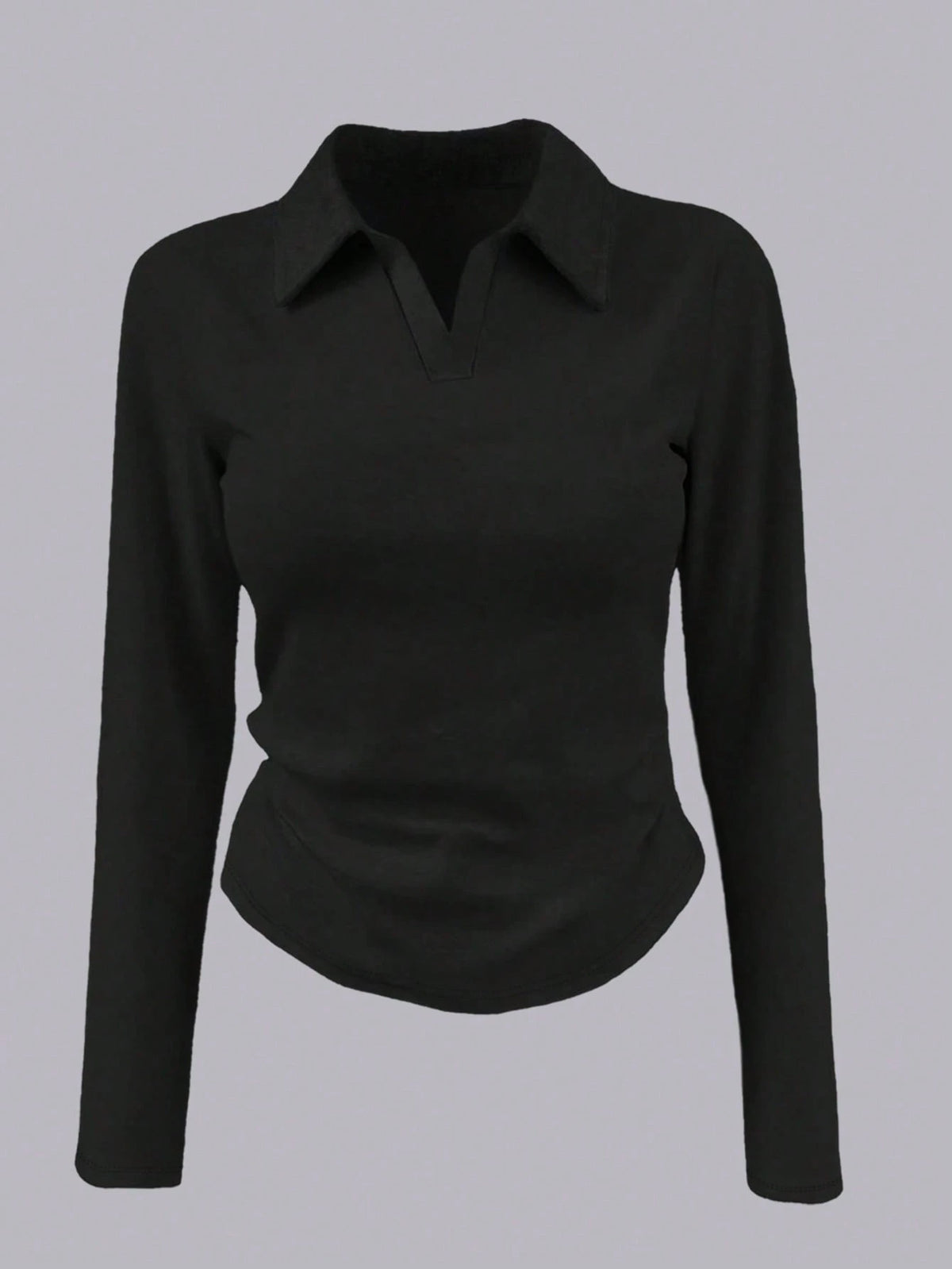 INAWLY Women's Solid Color Collared Long Sleeve Pleated Casual T-Shirt