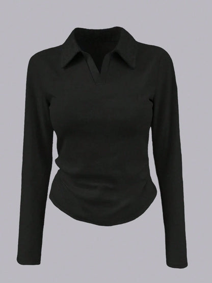 INAWLY Women's Solid Color Collared Long Sleeve Pleated Casual T-Shirt