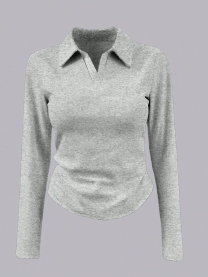 INAWLY Women's Solid Color Collared Long Sleeve Pleated Casual T-Shirt