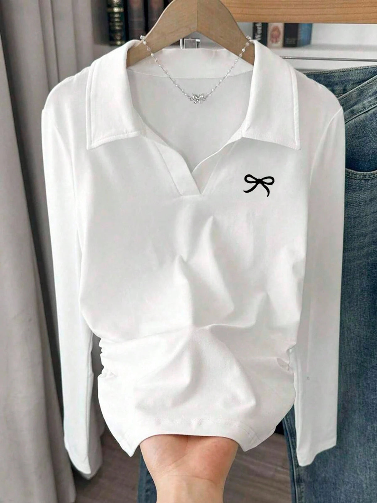 INAWLY Women's Solid Color Collared Long Sleeve Pleated Casual T-Shirt