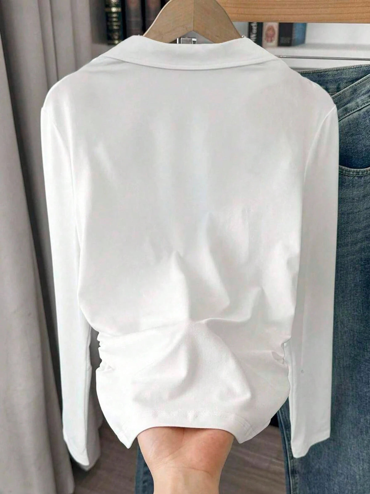 INAWLY Women's Solid Color Collared Long Sleeve Pleated Casual T-Shirt