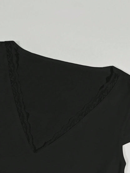 INAWLY Women's Solid Color Contrast Lace Deep V Neck Fitted Sexy Fashion T-Shirt