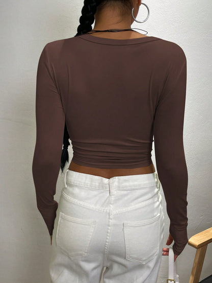 INAWLY Women's Solid Color Round Neck Long Sleeve Fitted Casual T-Shirt