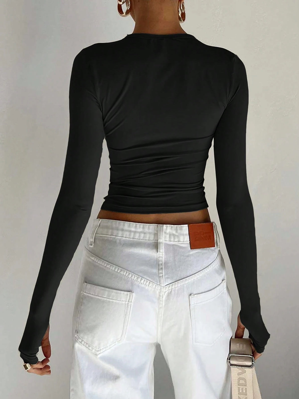 INAWLY Women's Solid Color Round Neck Long Sleeve Fitted Casual T-Shirt