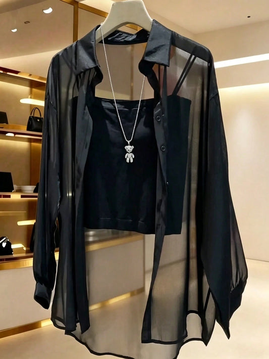 INAWLY Women's Solid Color Sheer Mesh Long Sleeve Blouse