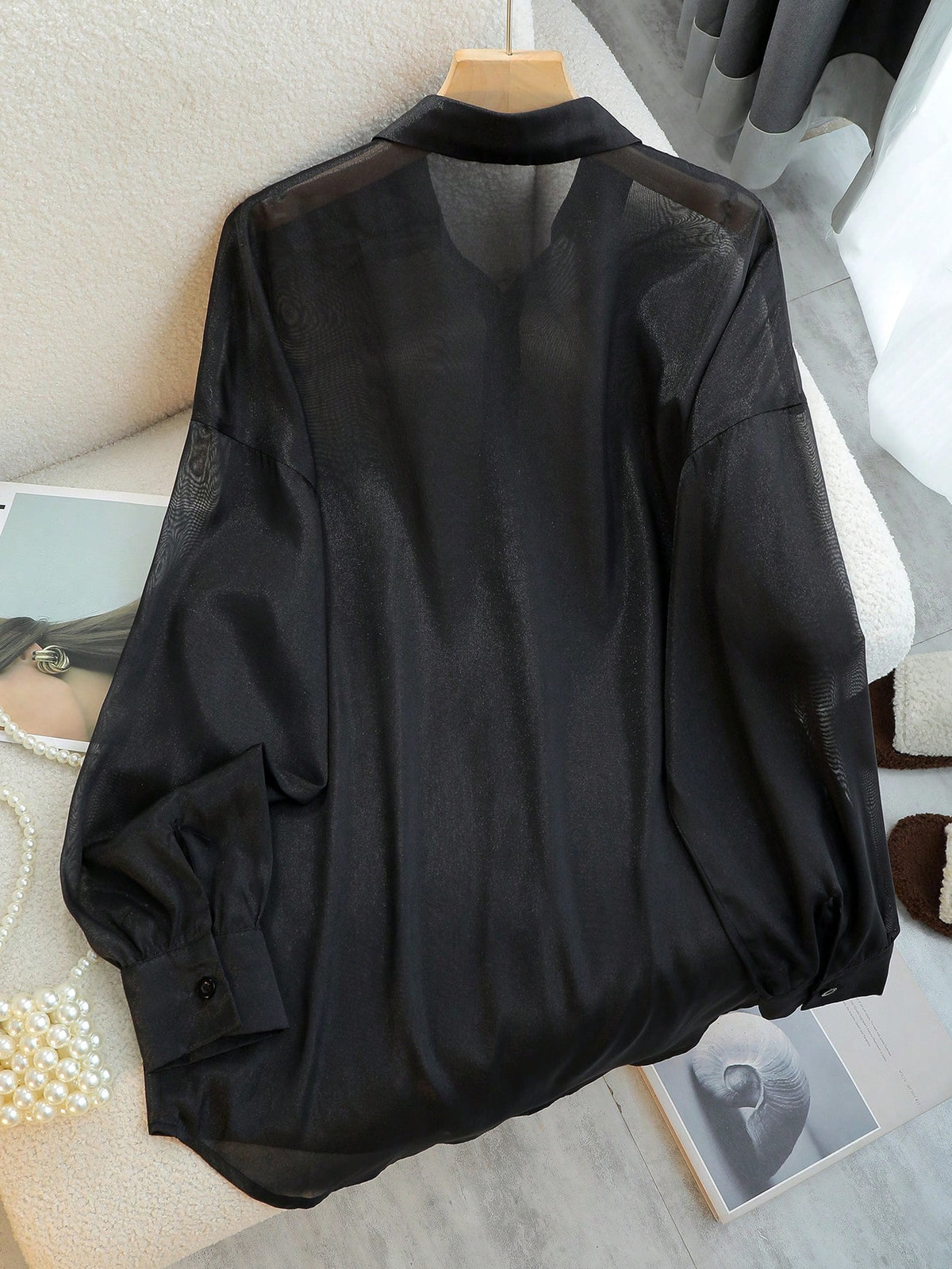 INAWLY Women's Solid Color Sheer Mesh Long Sleeve Blouse