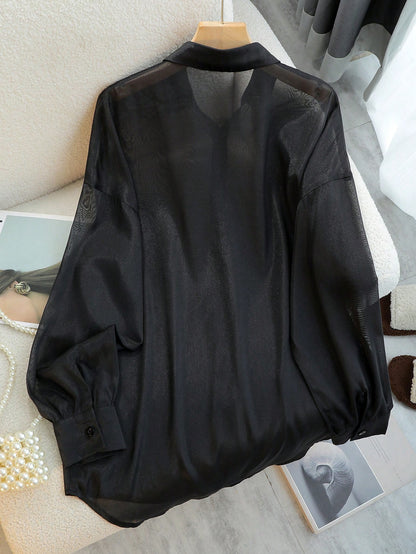 INAWLY Women's Solid Color Sheer Mesh Long Sleeve Blouse