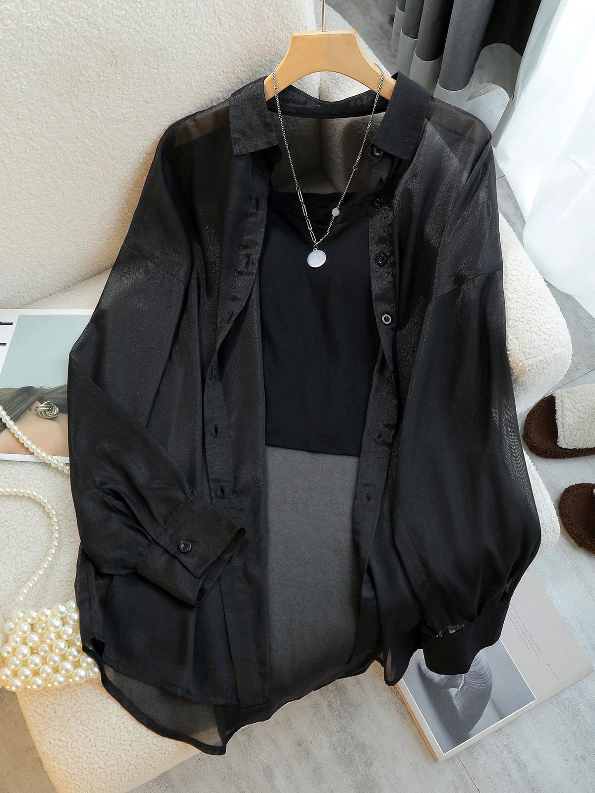 INAWLY Women's Solid Color Sheer Mesh Long Sleeve Blouse