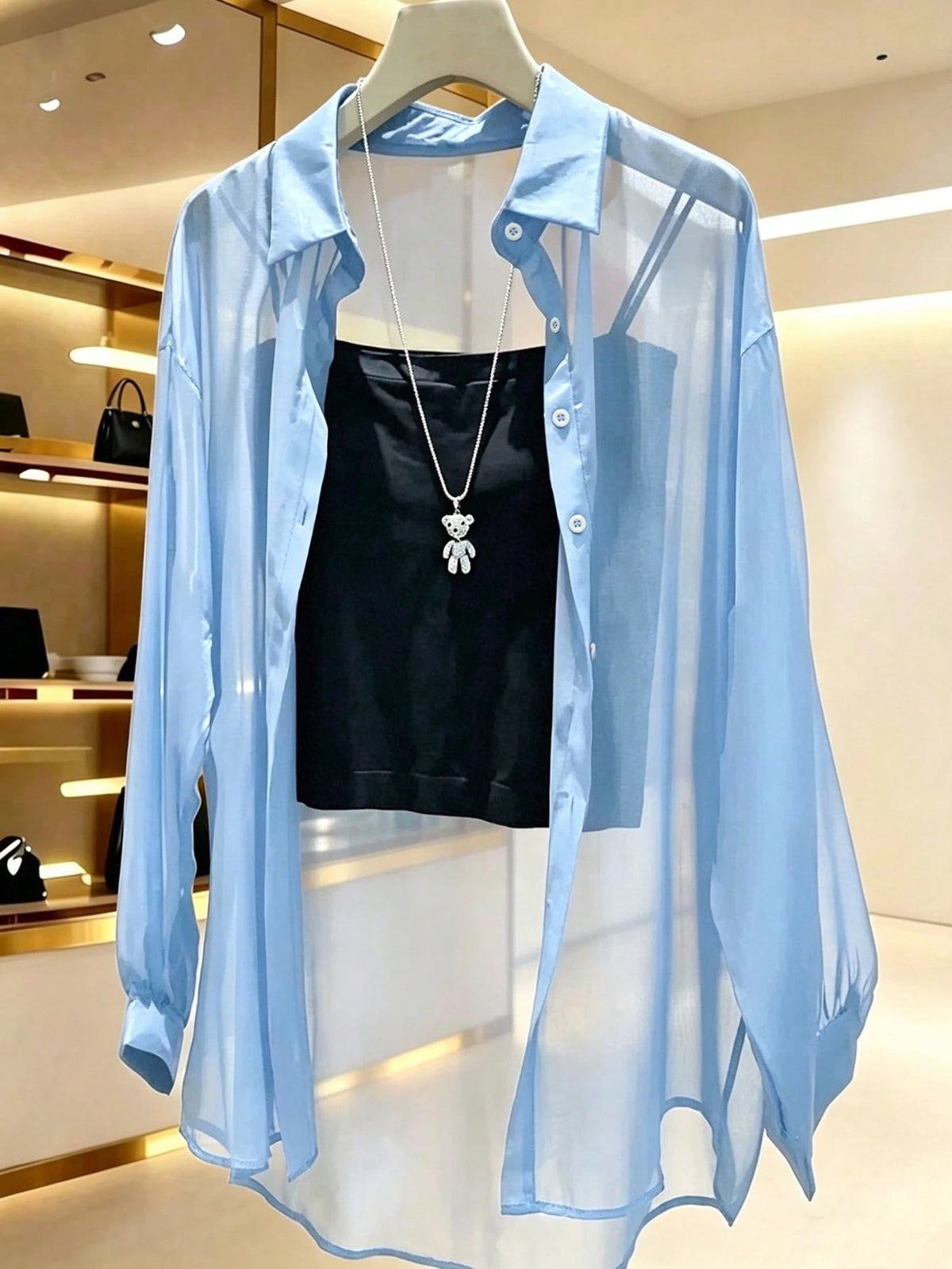 INAWLY Women's Solid Color Sheer Mesh Long Sleeve Blouse