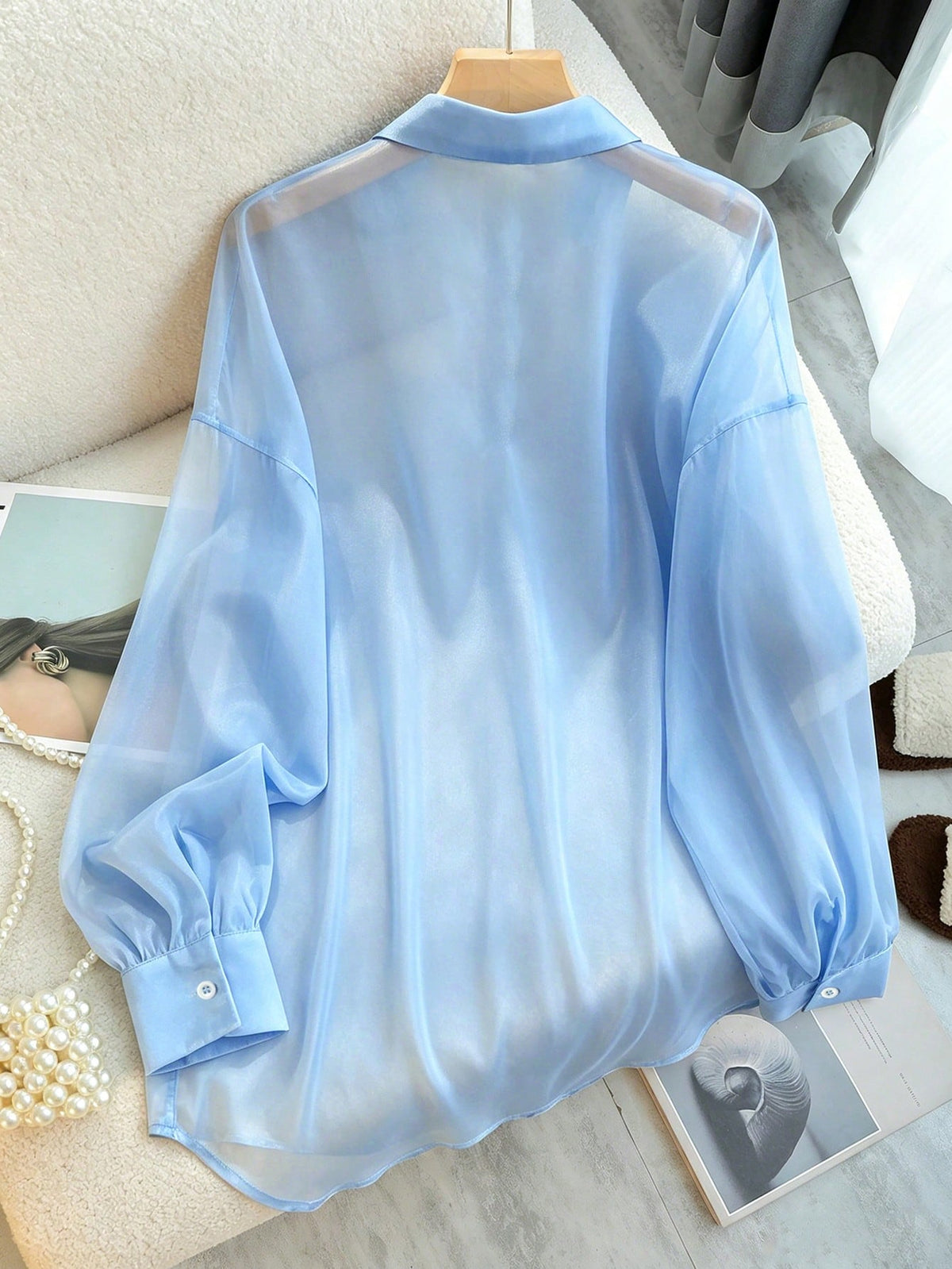 INAWLY Women's Solid Color Sheer Mesh Long Sleeve Blouse