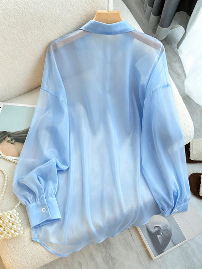 INAWLY Women's Solid Color Sheer Mesh Long Sleeve Blouse