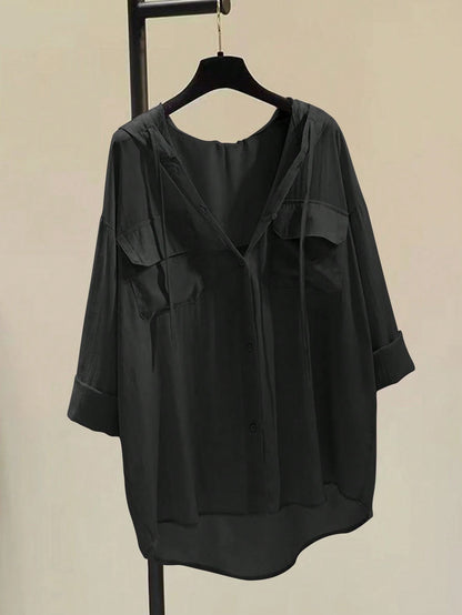 INAWLY Women's Solid Color Simple Daily Long Sleeve Shirt, Drawstring Hooded Blouse,Long Sleeve Tops Fall Cloth For Women