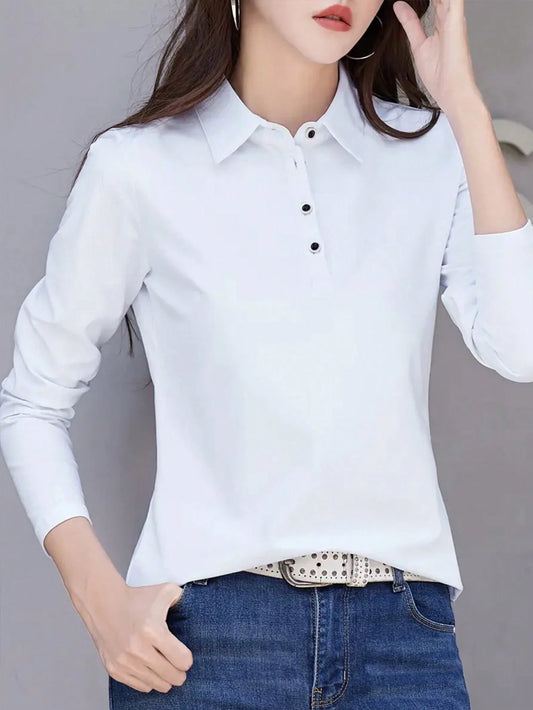 INAWLY Women Spring/Summer Solid Color Polo Collar Long Sleeve Casual T-Shirt Fall Cloth For Women