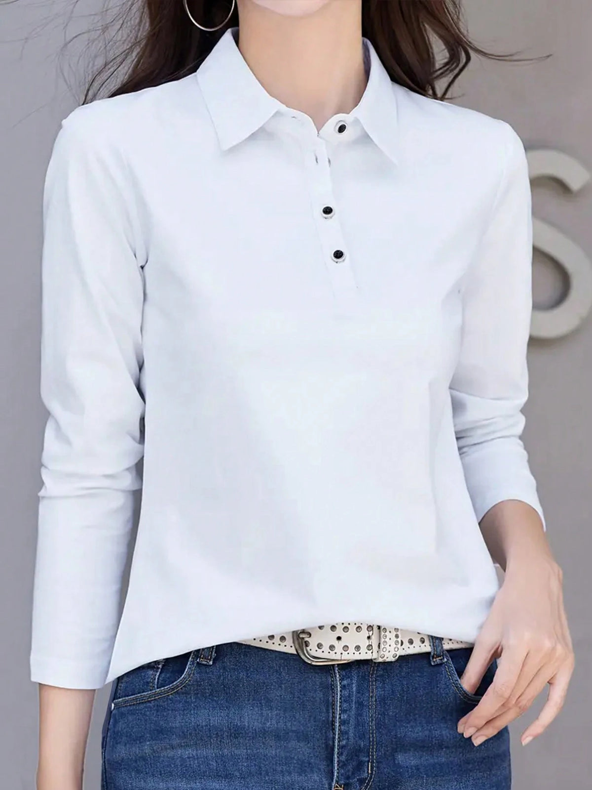 INAWLY Women Spring/Summer Solid Color Polo Collar Long Sleeve Casual T-Shirt Fall Cloth For Women