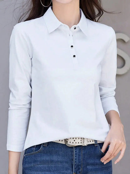 INAWLY Women Spring/Summer Solid Color Polo Collar Long Sleeve Casual T-Shirt Fall Cloth For Women