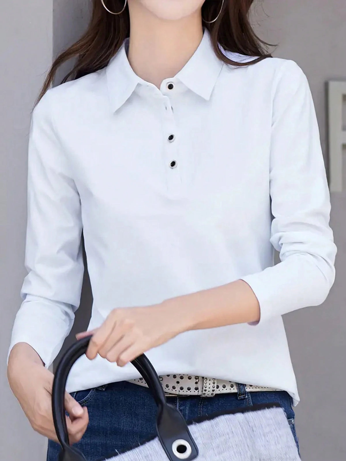 INAWLY Women Spring/Summer Solid Color Polo Collar Long Sleeve Casual T-Shirt Fall Cloth For Women
