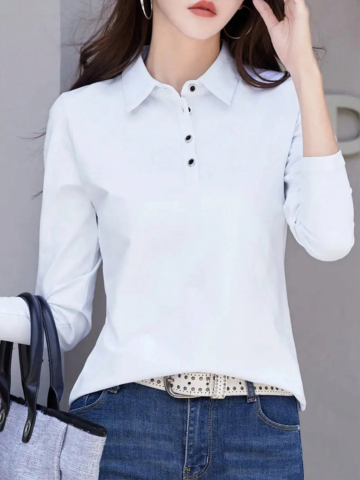 INAWLY Women Spring/Summer Solid Color Polo Collar Long Sleeve Casual T-Shirt Fall Cloth For Women