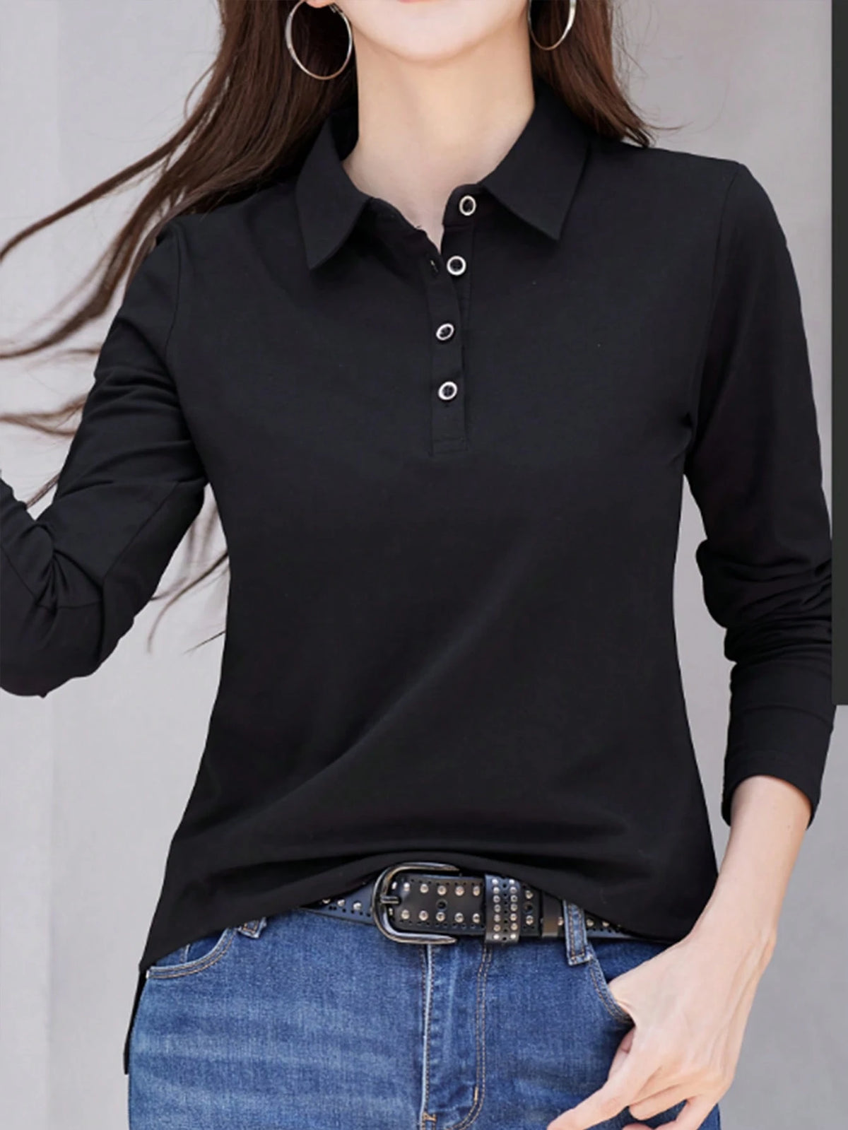 INAWLY Women Spring/Summer Solid Color Polo Collar Long Sleeve Casual T-Shirt Fall Cloth For Women