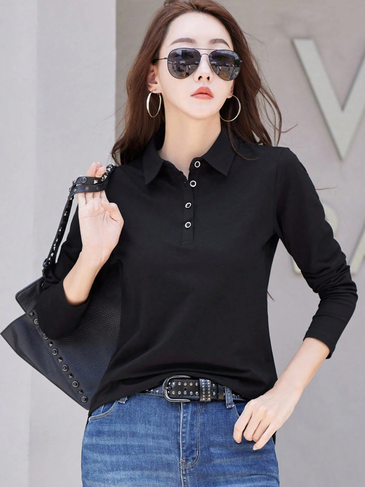 INAWLY Women Spring/Summer Solid Color Polo Collar Long Sleeve Casual T-Shirt Fall Cloth For Women
