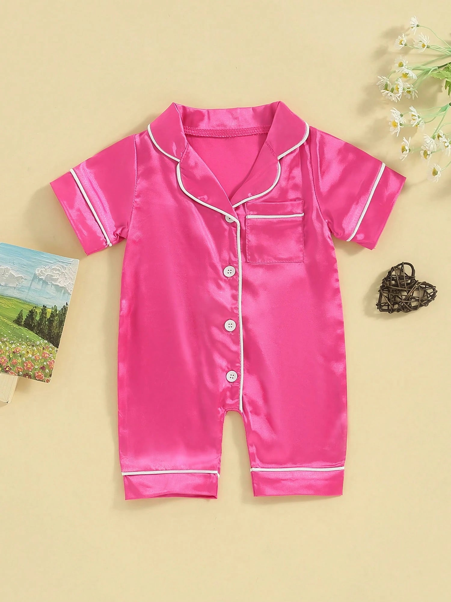 Infant Baby Girl Boy Silk Jumpsuit Pajamas Short Sleeve Button-Up Satin Pjs Footie Romper Pajama Nightgown