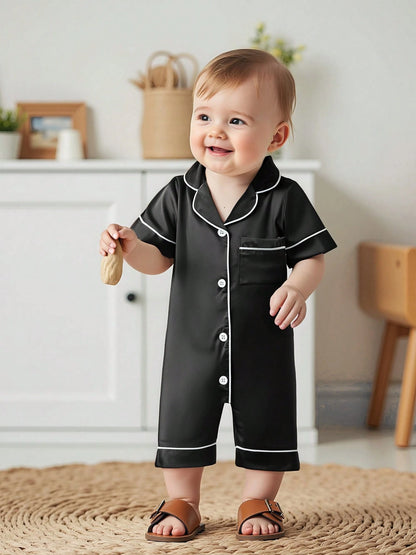 Infant Baby Girl Boy Silk Jumpsuit Pajamas Short Sleeve Button-Up Satin Pjs Footie Romper Pajama Nightgown