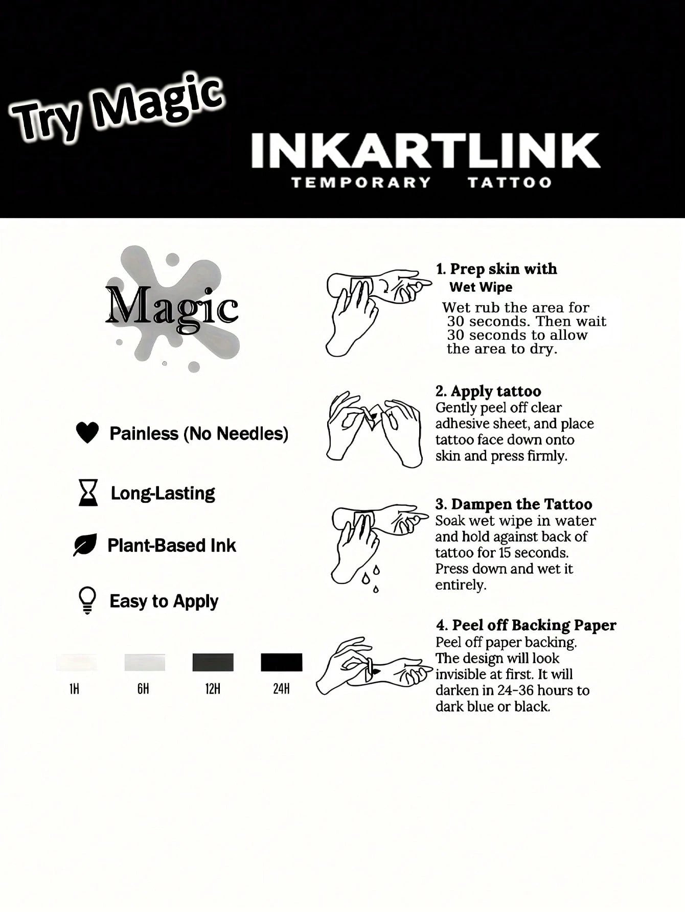 INKARTLINK Revolutionary Technology Tattoo, Semi-Permanent Tattoo, Hands, Flowers, Temporary Tattoo, Moon, Bee, Waterproof, Realistic Fake Tattoo, Vegetable-Based Tattoo, Magic Tattoo, Lasting 1-2 Wee