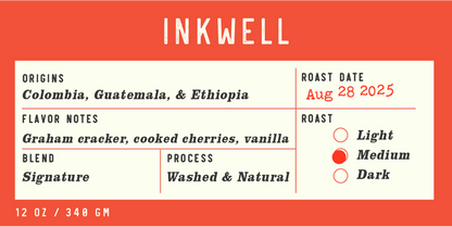 Inkwell Signature Blend label on orange background listing origins Colombia Guatemala Ethiopia and roast date August 28 2025