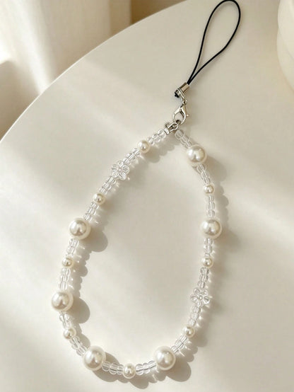Ins Style Pearl Flower Translucent Beaded Phone Chain Short Phone Lanyard, Fashionable Versatile Universal Phone Chain, Suitable For CCD Camera Lanyard, Earphone Case Lanyard, Car Key Chain Pendant, W