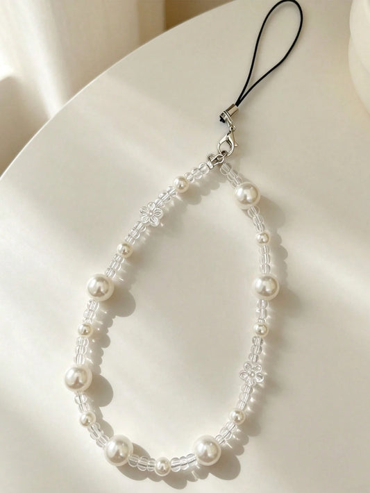 Ins Style Pearl Flower Translucent Beaded Phone Chain Short Phone Lanyard, Fashionable Versatile Universal Phone Chain, Suitable For CCD Camera Lanyard, Earphone Case Lanyard, Car Key Chain Pendant, W