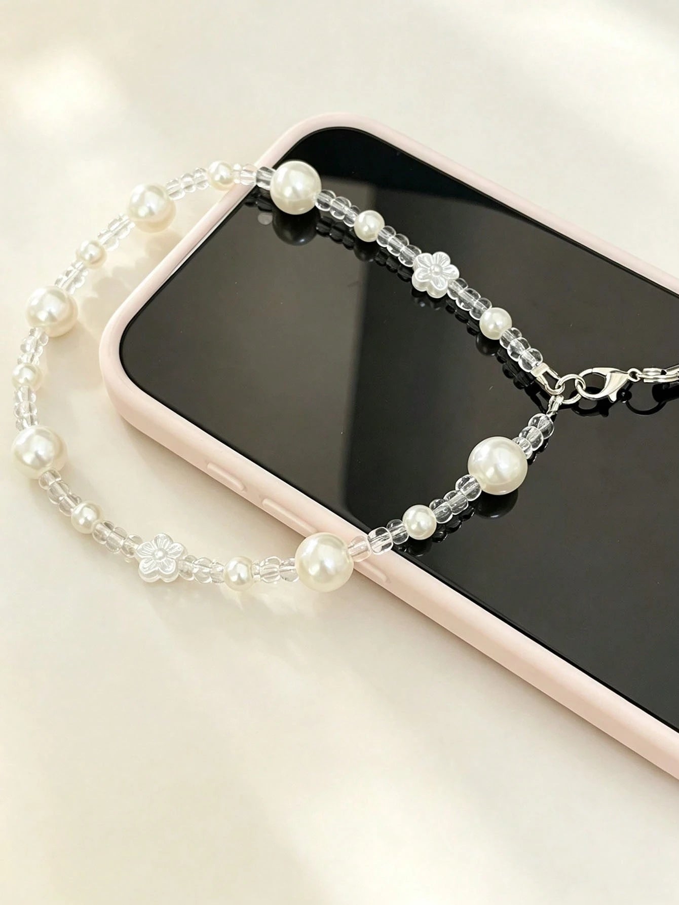 Ins Style Pearl Flower Translucent Beaded Phone Chain Short Phone Lanyard, Fashionable Versatile Universal Phone Chain, Suitable For CCD Camera Lanyard, Earphone Case Lanyard, Car Key Chain Pendant, W