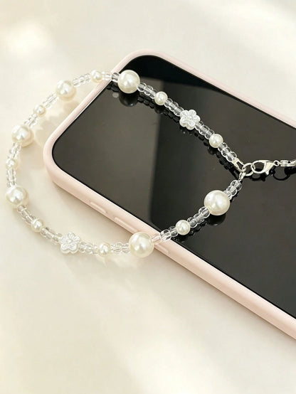 Ins Style Pearl Flower Translucent Beaded Phone Chain Short Phone Lanyard, Fashionable Versatile Universal Phone Chain, Suitable For CCD Camera Lanyard, Earphone Case Lanyard, Car Key Chain Pendant, W