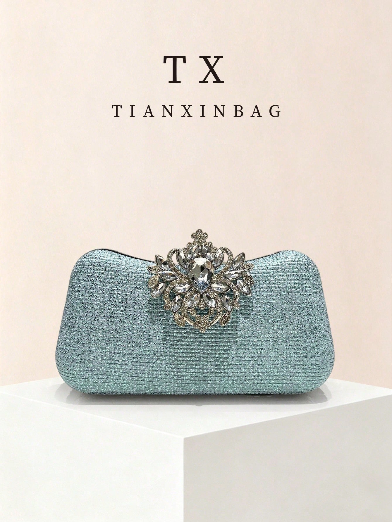Iridescent Rhinestone Evening Clutch Bag, Delicate Vertical Texture With Flowing Light Effect, Changing With Lighting; Vintage Floral Crystal Decor At Center, Multi-Color Sparkling Rhinestones, Exquis