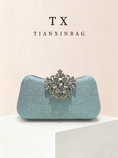 Iridescent Rhinestone Evening Clutch Bag, Delicate Vertical Texture With Flowing Light Effect, Changing With Lighting; Vintage Floral Crystal Decor At Center, Multi-Color Sparkling Rhinestones, Exquis