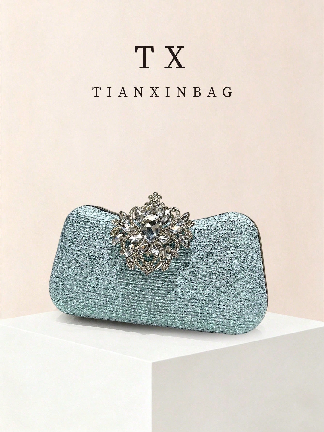 Iridescent Rhinestone Evening Clutch Bag, Delicate Vertical Texture With Flowing Light Effect, Changing With Lighting; Vintage Floral Crystal Decor At Center, Multi-Color Sparkling Rhinestones, Exquis