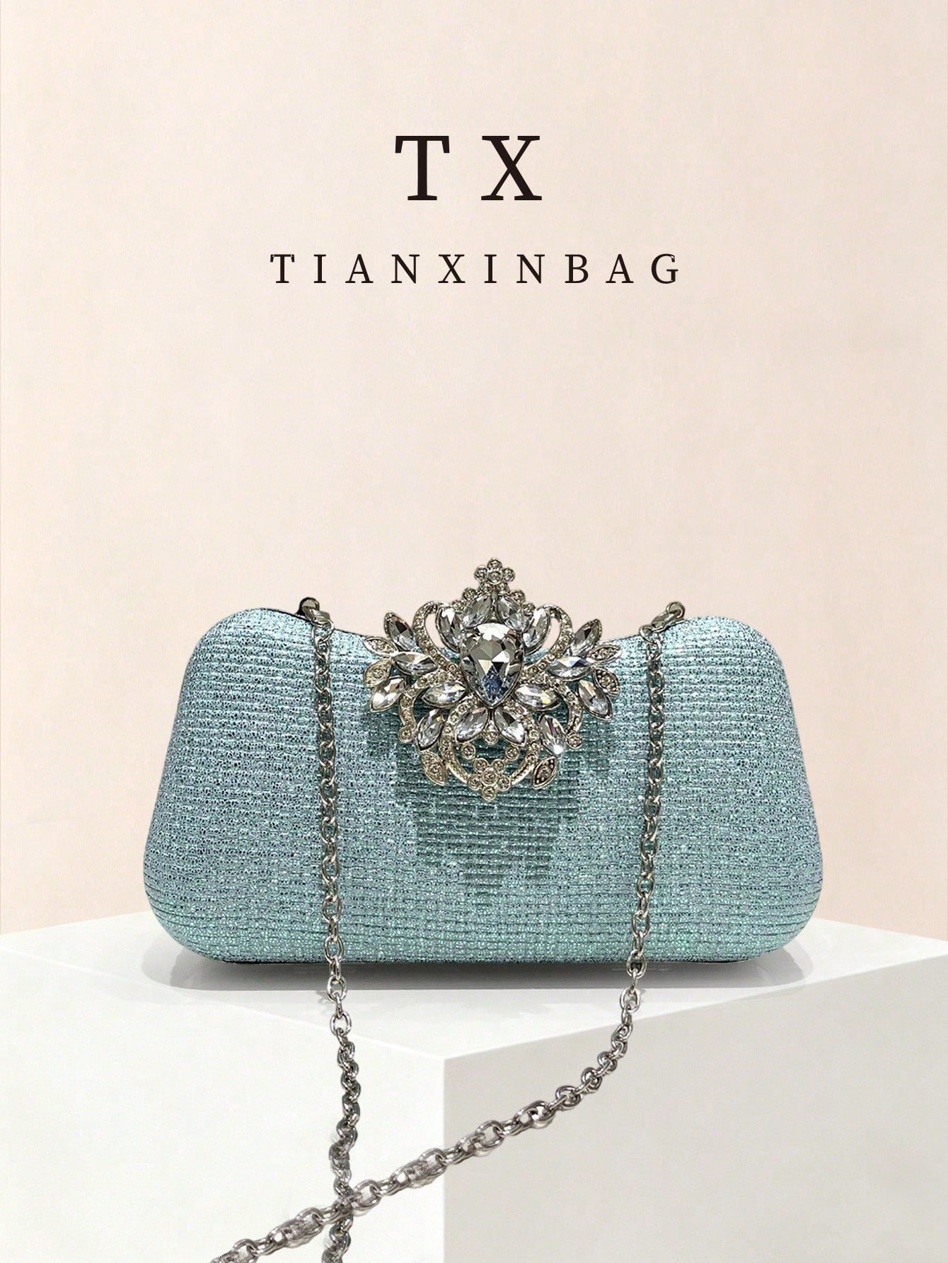 Iridescent Rhinestone Evening Clutch Bag, Delicate Vertical Texture With Flowing Light Effect, Changing With Lighting; Vintage Floral Crystal Decor At Center, Multi-Color Sparkling Rhinestones, Exquis