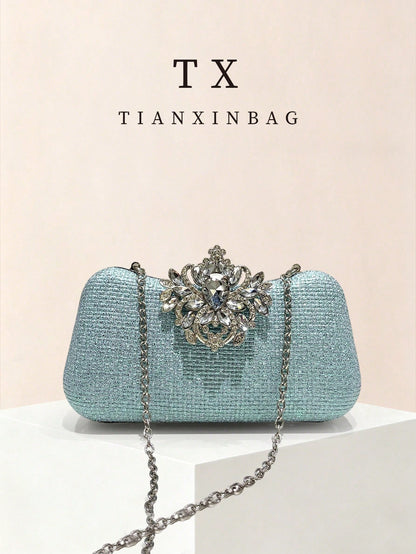 Iridescent Rhinestone Evening Clutch Bag, Delicate Vertical Texture With Flowing Light Effect, Changing With Lighting; Vintage Floral Crystal Decor At Center, Multi-Color Sparkling Rhinestones, Exquis