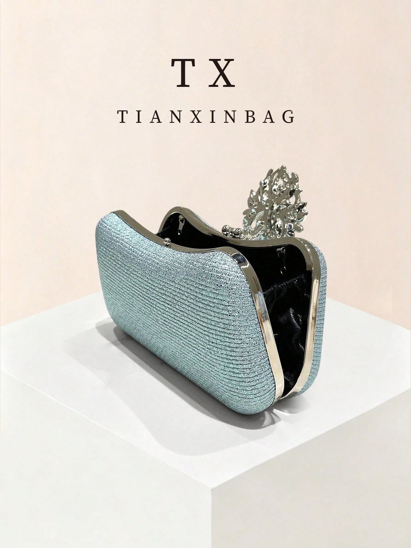 Iridescent Rhinestone Evening Clutch Bag, Delicate Vertical Texture With Flowing Light Effect, Changing With Lighting; Vintage Floral Crystal Decor At Center, Multi-Color Sparkling Rhinestones, Exquis
