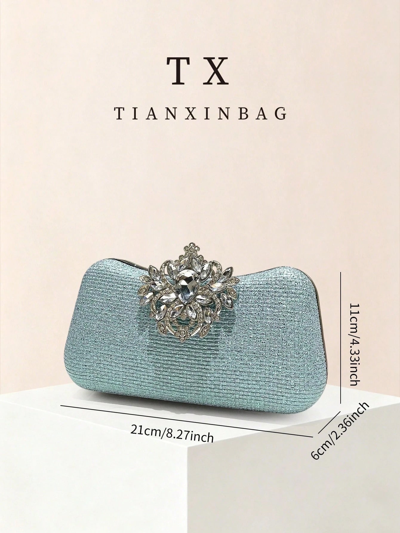 Iridescent Rhinestone Evening Clutch Bag, Delicate Vertical Texture With Flowing Light Effect, Changing With Lighting; Vintage Floral Crystal Decor At Center, Multi-Color Sparkling Rhinestones, Exquis