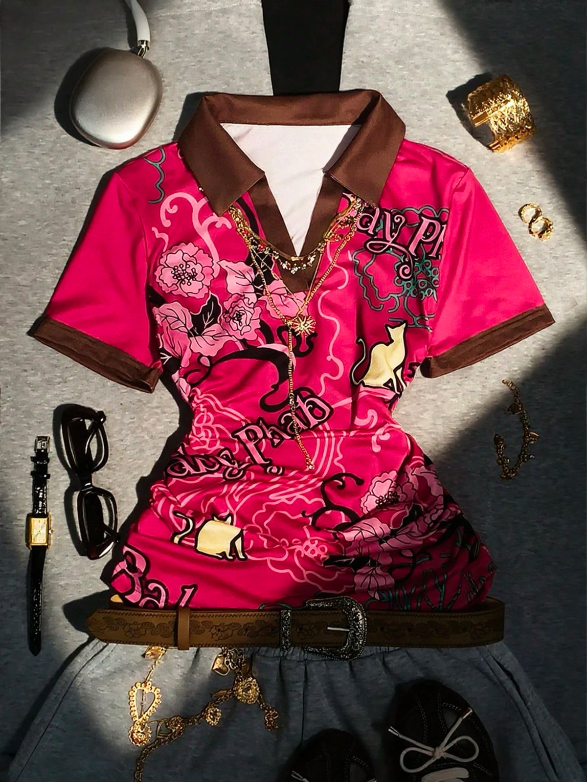 IslaSuriya 2000s Vintage Women's Casual Printed Polo Collar Short Sleeve Top, Fashionable And, Suitable For Daily Wear, Parties And Music Festivals