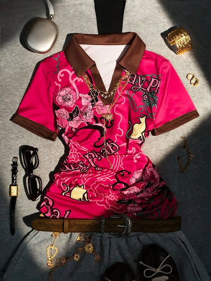 IslaSuriya 2000s Vintage Women's Casual Printed Polo Collar Short Sleeve Top, Fashionable And, Suitable For Daily Wear, Parties And Music Festivals
