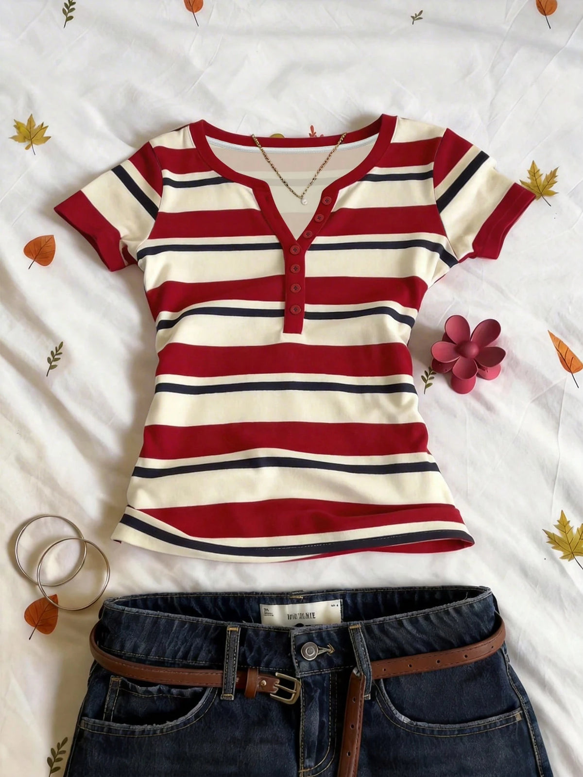 IslaSuriya Striped Digital Print Fashionable Minimalist V-Neck Short Sleeve T-Shirt, Gift For Friends