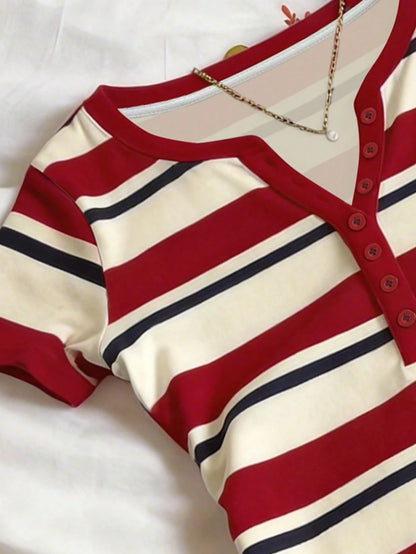 IslaSuriya Striped Digital Print Fashionable Minimalist V-Neck Short Sleeve T-Shirt, Gift For Friends